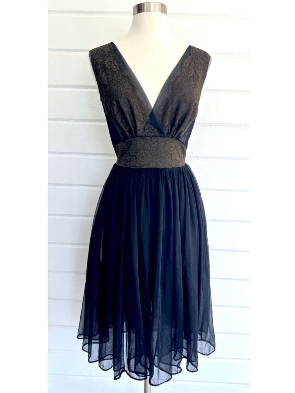 Vintage Sheer Negligee/ Dress with Lace Accent and Tie Waist - Black/Brown - S